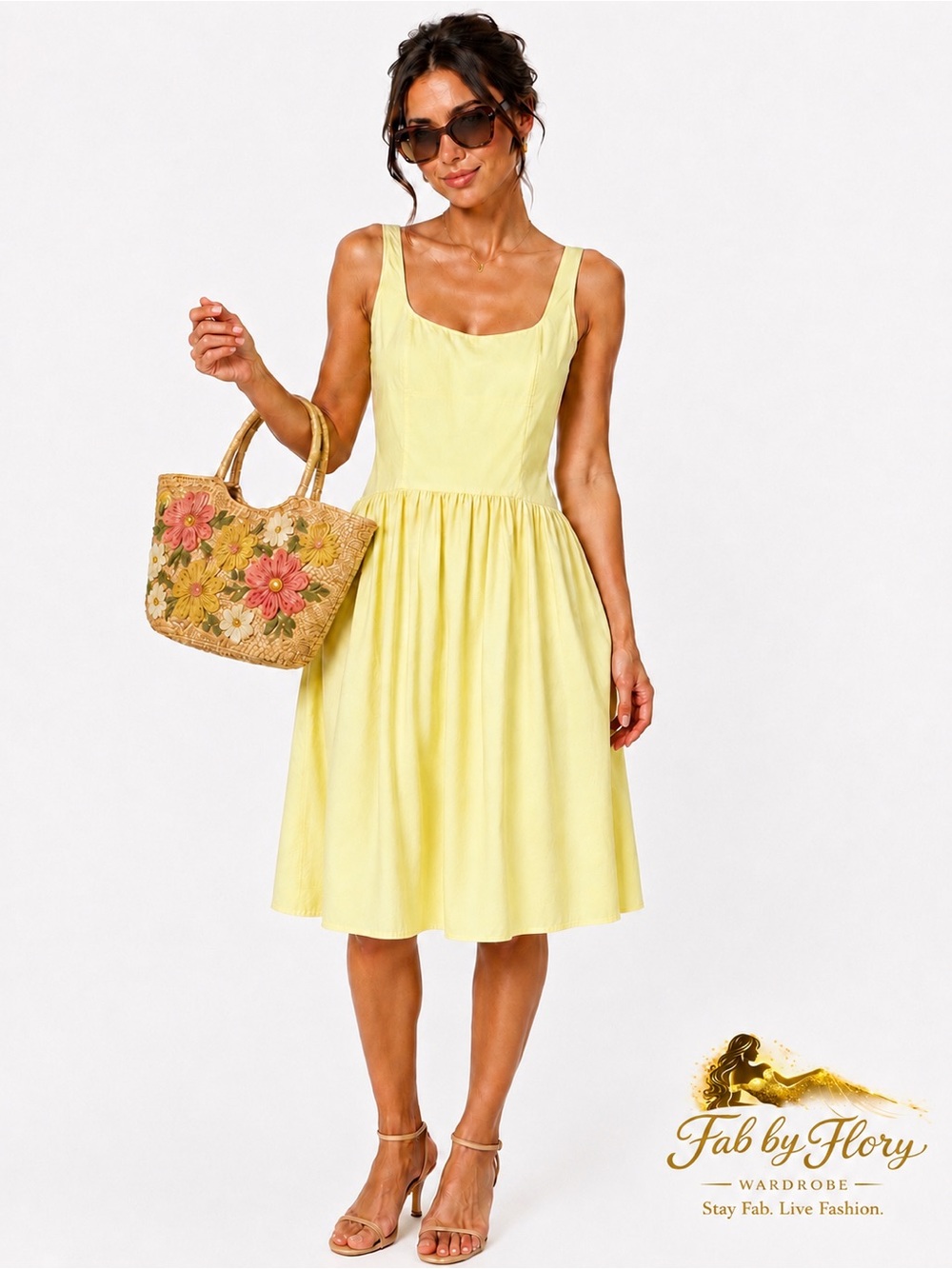 Cider ✨ Pale Yellow Scoop Neck Gathered Midi Dress - Please Read Notes